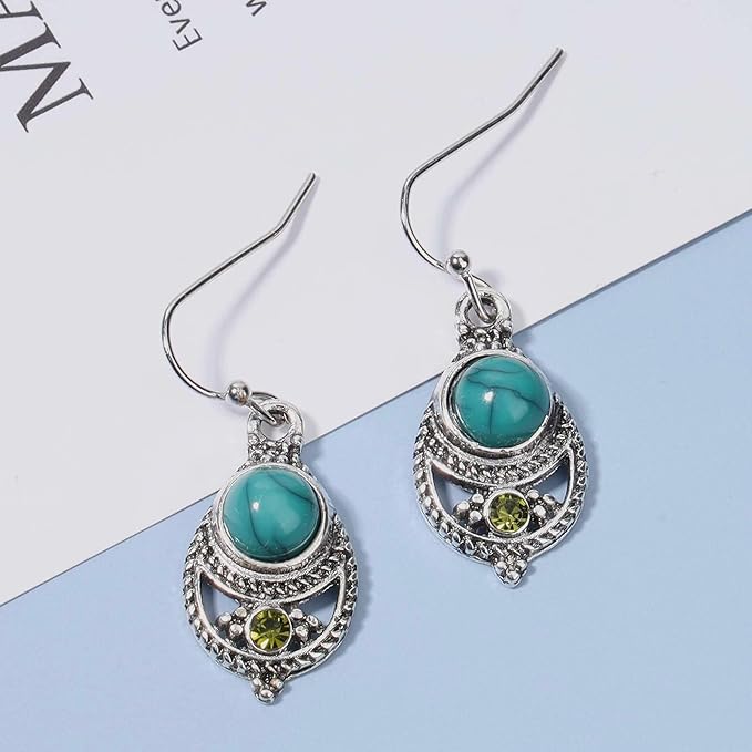 Boho Ethnic Turquoise Drop Earrings Silver Teardrop Turquoise Earrings Gemstone Hook Earrings Retro Drop Dangle Earrings Jewelry for Women and Girls-VivaGrace Women