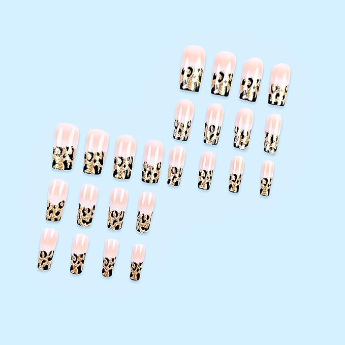 Medium Square Press on Nails French Tip Fake Nails Glitter Ombre False Nails with Leopard Designs Medium Nail Press ons Sparkly Artificial Nails Cute Stick on Nails for Women 24Pcs