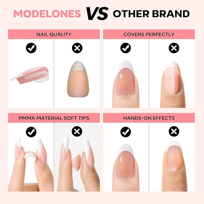 modelones French Tip Press on Nails, 150Pcs M-Almond Fake Nails with Nail Box, Deep Nude Gel Nail Tips for Women, Soft Glue-On Nails for Natural Salon Look, DIY Nail Art Kit (15 Sizes)