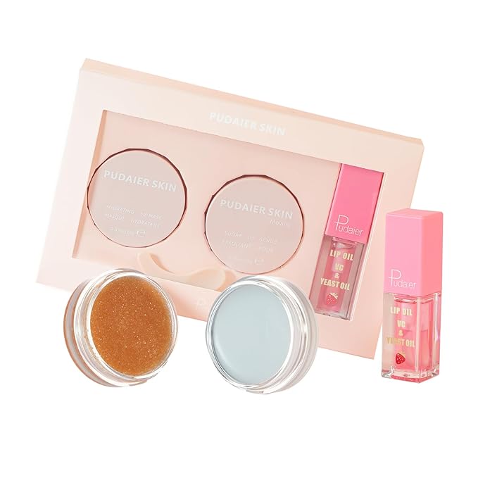Pudaier 3Pcs Lip Care Kit with Coconut Lip Mask Caramel Lip Scrub Strawberry Lip Oil for Shiny and Nourishing Lips, Dry Lips Treatment, Moisturizing Lip Care For All Day Hydration-VivaGrace Women