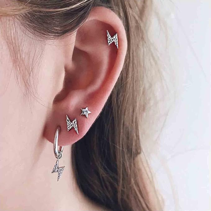 Bohemia Crystal Thunder Hoop Earrings Cz Lighting Bolt Studs Earrings Silver Lighting Drop Earrings Multiple Piecing Dot Earrings for Women and Girls-VivaGrace Women
