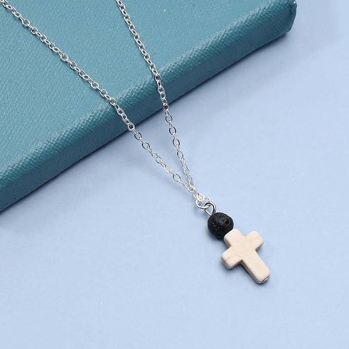 Boho Cross Pendant Necklace Black Lava Bead Choker Necklace Silver Chain Necklace Minimalist Everyday Necklace Jewelry for Women and Girls-VivaGrace Women