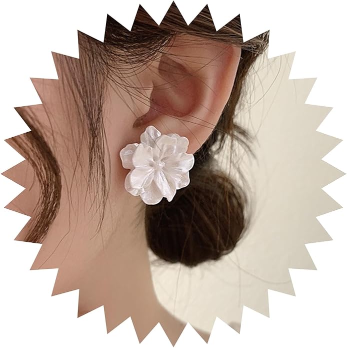Unique Large White Flower Earrings Studs Vintage Acrylic Floral Petal Earrings Statement French Camellia Flower Earrings Studs Bridal Wedding Prom Earrings Jewelry for Women-VivaGrace Women