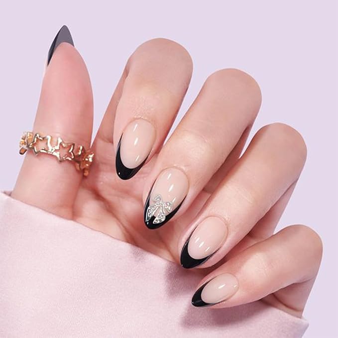 Almond Press on Nails Medium French Tip Fake Nails with Bow Designs Glossy Black Stick on Nails Cute Pearl Glue on Acrylic Nails for Women and Girls