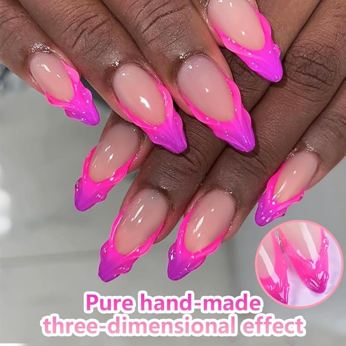 French Tip Press on Nails Almond Nails Press Ons Medium Glue on Nails Purple Nails with 3D Designs Cute Fake Nails 24PCS(Pink & Purple)