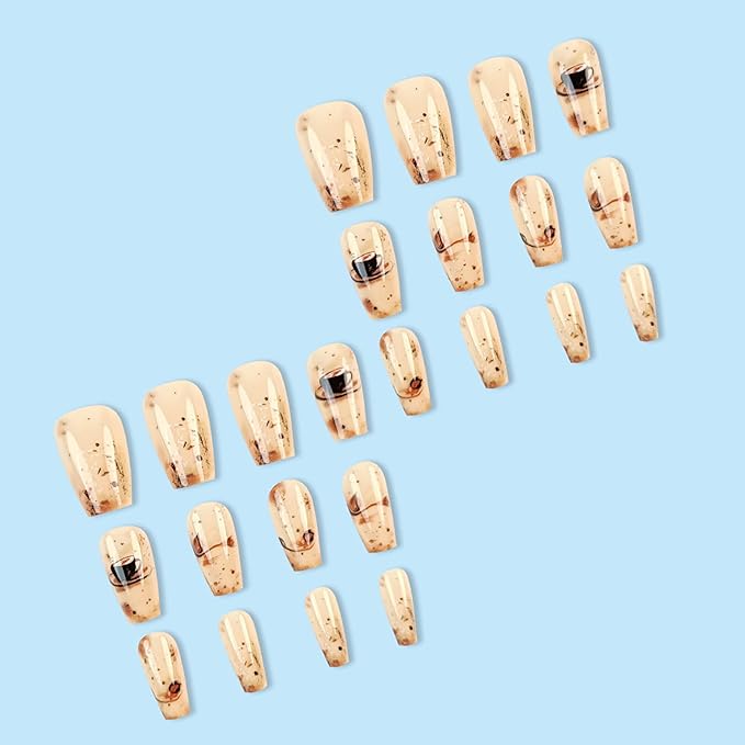 Coffin Press on Nails Short Fake Nails Fall Winter False Nails with Designs Glue on Nails Short Nail Press ons Sparkly Artificial Nails Cute Stick on Nails for Women 24Pcs