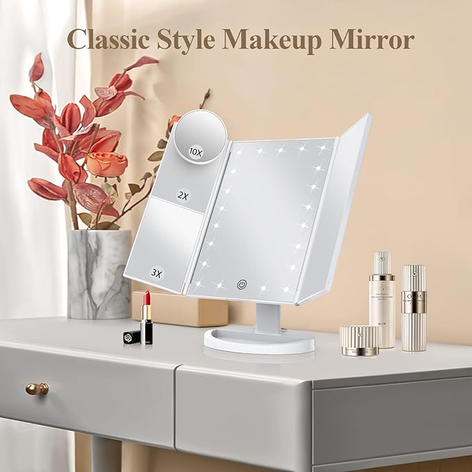 HUONUL Makeup Mirror Vanity Mirror with Lights, 2X, 3X, 10X Magnification, Touch Control, Trifold, White, 9.4" L x 13.4" W, Modern Style, Dresser Mount, Bathroom-VivaGrace Women