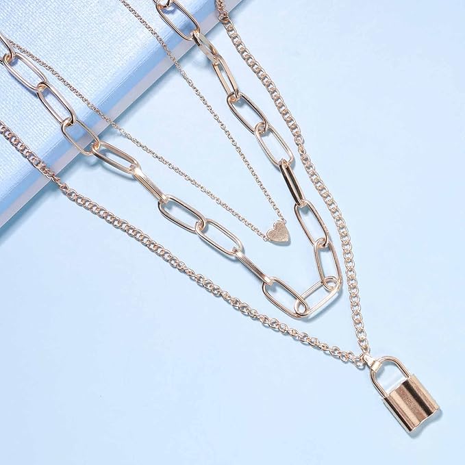 Punk Layered Heart Choker Necklace Gold Lock Pendant Necklace Chunky Paper Clip Chain Necklace Vintage Statement Necklace Chain Jewelry for Women and Girls Gift-VivaGrace Women
