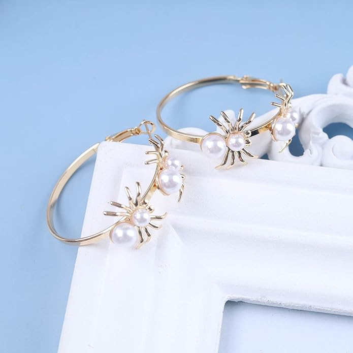 Vintage Hollow Circle Drop Earrings Pearl Spider Dangle Earrings Gold Spider Circle Earrings Exaggerated Circle Huggie Hoop Earrings Jewelry for Women-VivaGrace Women