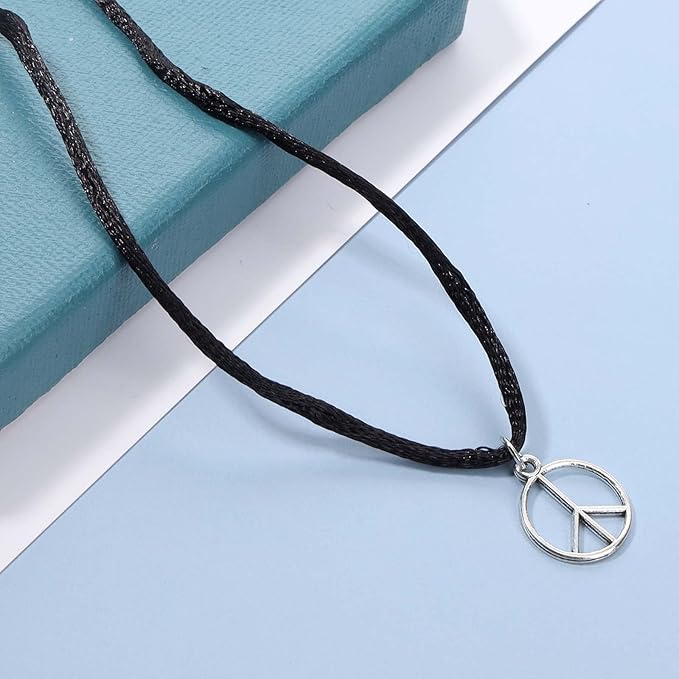 Boho Peace Choker Necklace Black Cord Circle Necklace Short Round Necklace Vegan Necklace Chain Jewelry for Women and Girls-VivaGrace Women