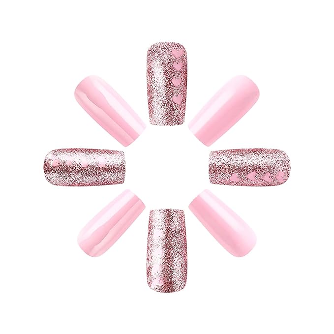 Valentine Press on Nails Medium Square Fake Nails Pink False Nails with Heart Designs Glitter Full Cover Glue on Nails Sparkly Artificial Nails Cute Stick on Nails for Women 24Pcs