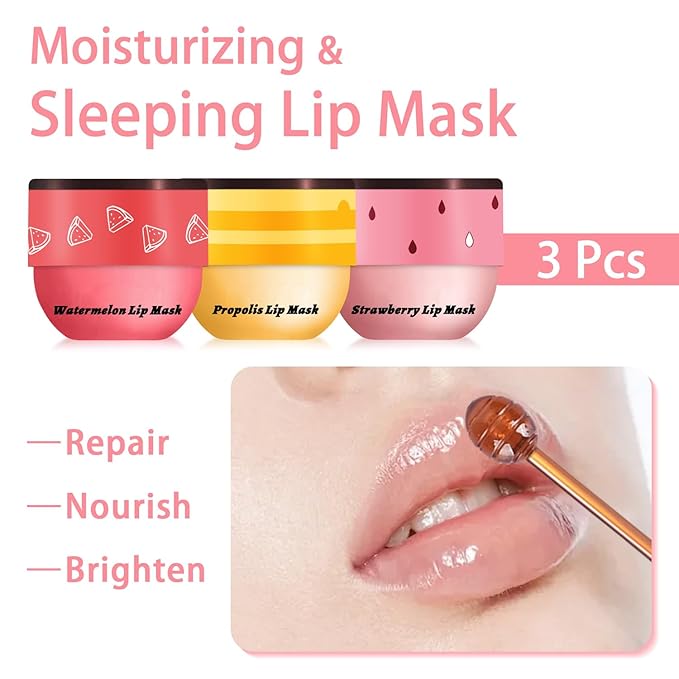 3 Pcs Bee Lip Balm Honey Pot, Honey Strawberry Watermelon Lip Mask Overnight, Moisturizing Sleeping Lip Mask, Hydrate Repair Prevent Dry Cracked Lip Care (Honey+Strawberry+Watermelon)-VivaGrace Women