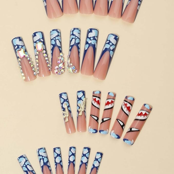 Extra Long Press on Nails,Gorgeous Patterns Fake Nails with Rhinestone False Nails(Pink & Blue)