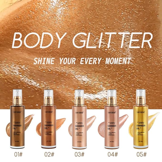 Shimmer Body Oil, Long Lasting Moisturizing Body Glow Glitter for Women Face Luminizer Highlighter Makeup 100ml Shimmer Oil for Glowing Skin Lotion (Medium Rose Gold)-VivaGrace Women