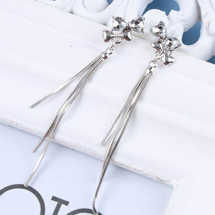 Vintage Crystal Bow Chain Drop Earrings Rhinestone Heart Stud Earrings Silver Long Chain Tassel Earrings Sparkly Cz Bridal Earrings Jewelry for Women-VivaGrace Women