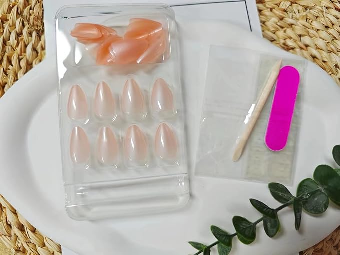 Press on Nails Medium Nude Fake Nails Almond False Nails with Design Reusable Acrylic Artificial Nails Full Cover Glue on Nails Glossy Stick on Nails for Women Girls Manicure 24pcs