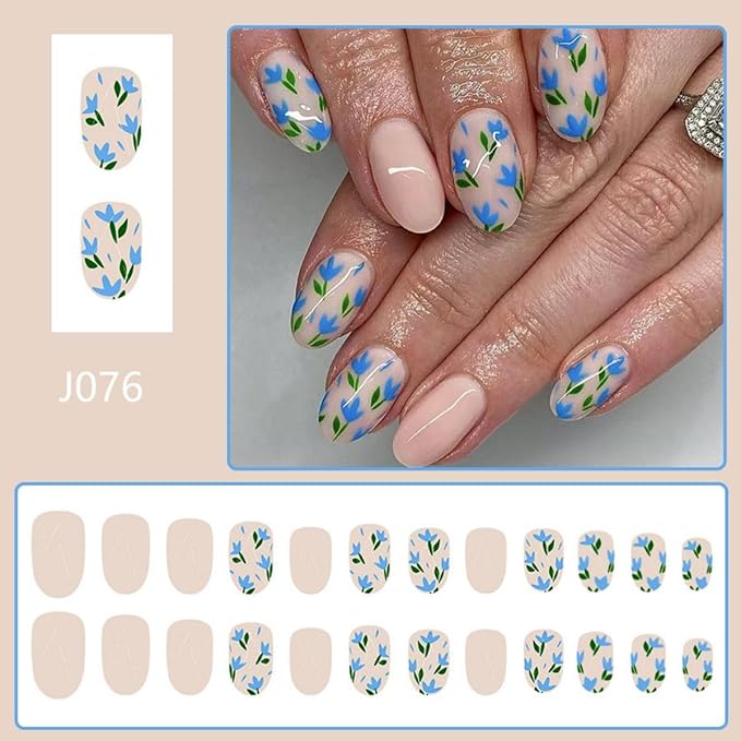 Almond Press on Nails Spring Medium Fake Nails with Green Leaf Design Blue Floral Glue on Nails Glossy Nude False Nails Reusable Summer Nails for Women Girls Daily Manicure 24pcs