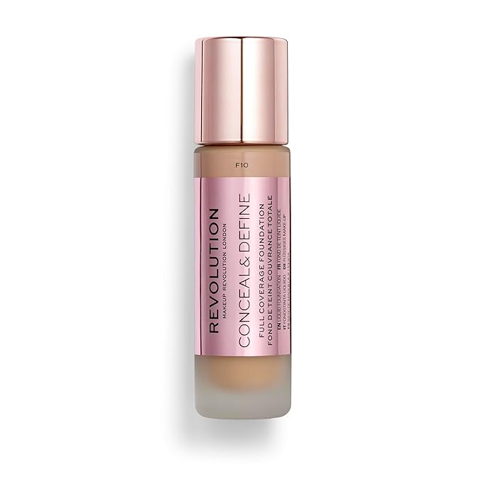 Revolution Beauty, Conceal & Define Foundation, Full Coverage, Long-Lasting Matte Finish, Vegan & Cruelty Free, F10 Medium Skin Tones, 0.8 Fl.Oz.-VivaGrace Women