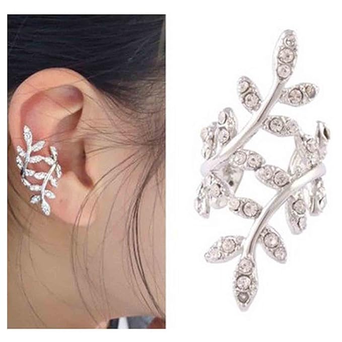 Boho Cz Leaf Ear Cuff Earrings Silver Ear Crawler Earrings Paved Rhinestone Cartilage Cuff Earrings Non Piercing Ear Cuff Wrap Earrings Jewelry for Women and Girls Gifts-VivaGrace Women