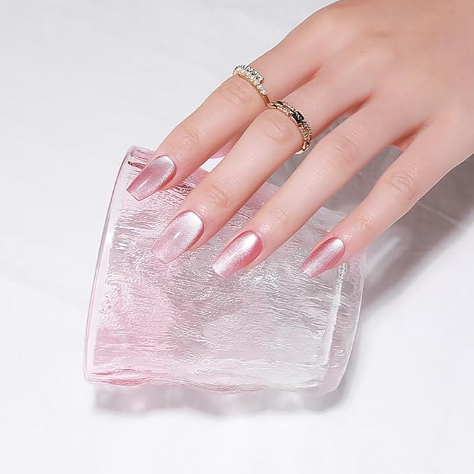 Nude Pink Medium Coffin Press On Nails, Cat Eye Press On Nails with Crystal Glow Design, Fashion Gel Coffin Fake Nails, Reusable Acrylic Fake Nails, Stick On Nails for Women, Glacial Rose