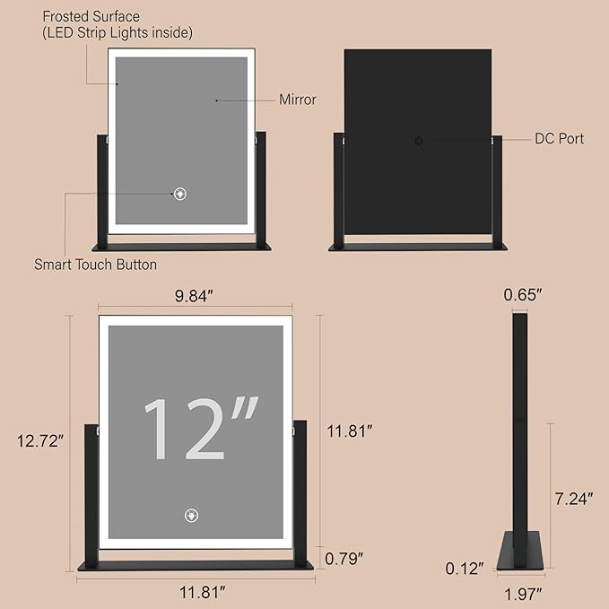 Makeup Mirror with Lights 12" White,Smart Touch Control,3-Color Dimmable LED Vanity Mirror with Lighted Cosmetic Mirror for Dressing Room & Bedroom Desktop,360° Rotation,Adjustable Brightness