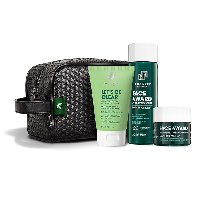 Shakeup - 4-Piece Mens Oil Control Skincare Gift Set, Oily & Acne Skin, Clay Face Wash, Clarifying Toner, Matte-Effect Moisturiser, Plus Wash Bag-VivaGrace Women