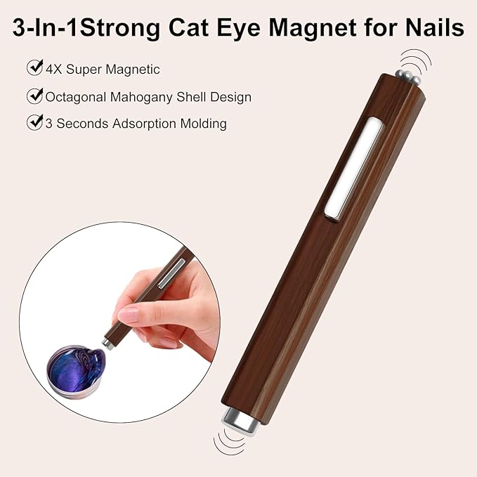 3 In 1 Nail Magnet, Multifunctional Cat Eye Gel Nail Polish Magnet with Octagonal Mahogany Shell Protective Cover for Cat Eye Nail Art Design (Black Walnut)