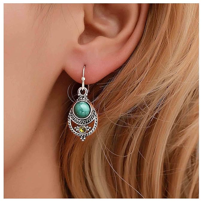 Boho Ethnic Turquoise Drop Earrings Silver Teardrop Turquoise Earrings Gemstone Hook Earrings Retro Drop Dangle Earrings Jewelry for Women and Girls-VivaGrace Women