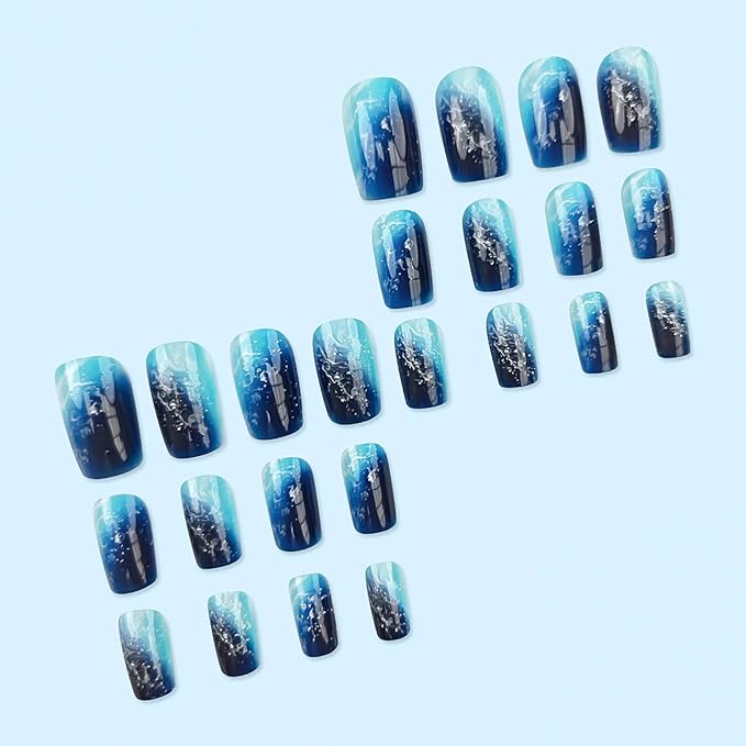 Square Press on Nails - Medium Blue Ombre False Nails with Glitter Designs, Thick Glossy Artificial Nails, 24Pcs