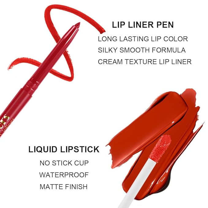 6 Colors Liquid Lipstick + Lip Liner Pen Makeup Set, Super Stay Matte Finish Lip Stain and Define Lip Liner Pencil Gift Set for Women, Longwear, Waterproof, 1PC Lip Glow Oil Include-VivaGrace Women