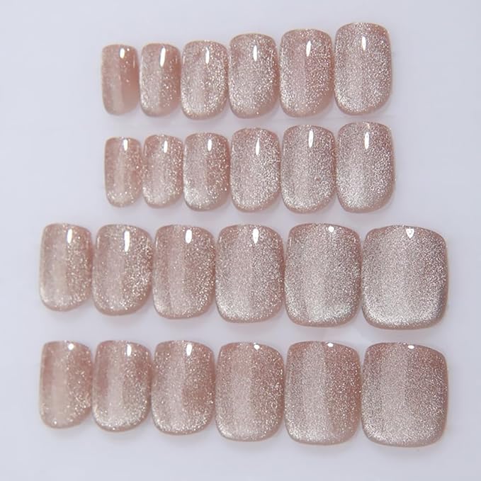 Nude-Silver Spring Press on Nails Short Square, Cat Eye Press on Nails, Fashion Gel Fake Nails, Reusable Acrylic Fake Nails, Glossy Stick on Nails for Women, Glue on Nails Kit, Icy Nude-Silver