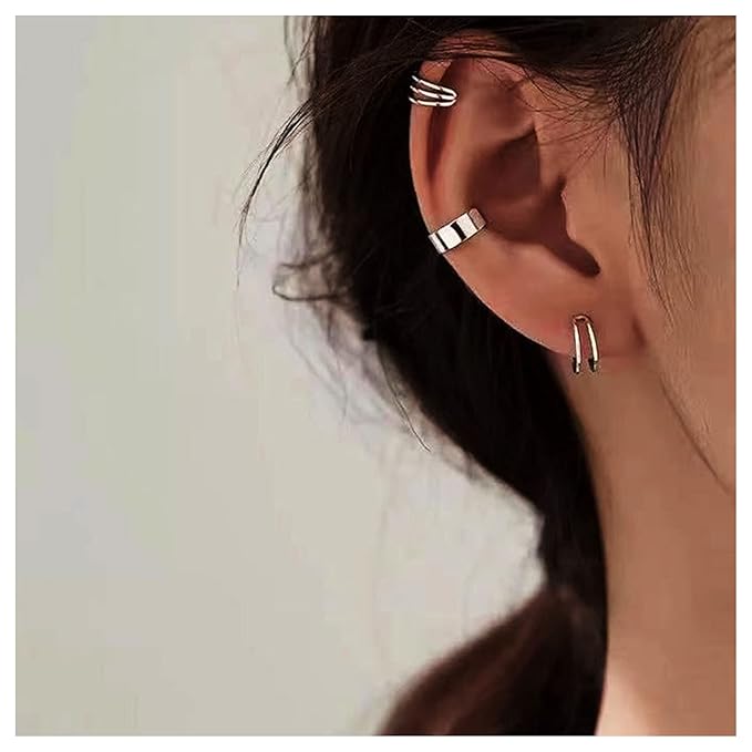 Boho Cartilage Ring Earrings Double Lines Ear Cuffs Set Minimalist Fake Helix Earcuff Earrings Simple No Piercing Earrings Jewelry for Women and Girls-VivaGrace Women