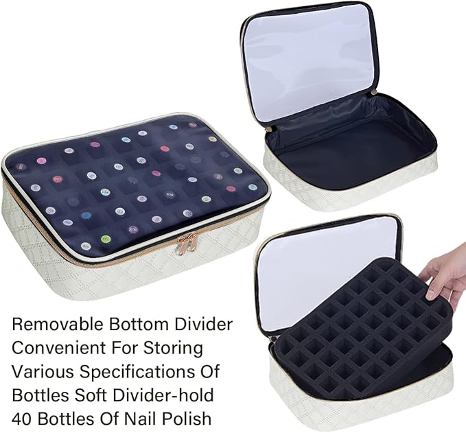 Nail Polish Bag organizer-Holds 40 bottles(15ml-0.5fl.oz),Nail Polish Carrying Case Clear Multifunctional Cosmetic Travel Cases Makeup Bags Beige