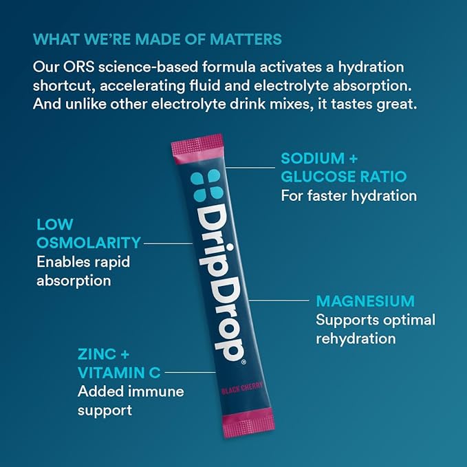 DripDrop Hydration Packets - Sunburst Variety Pack - Single Serve Electrolytes Powder Drink Mix - Lemon Lime, Strawberry, Peach, Black Cherry - Non-GMO, Gluten Free, Vegan - 32 Sticks-VivaGrace Women