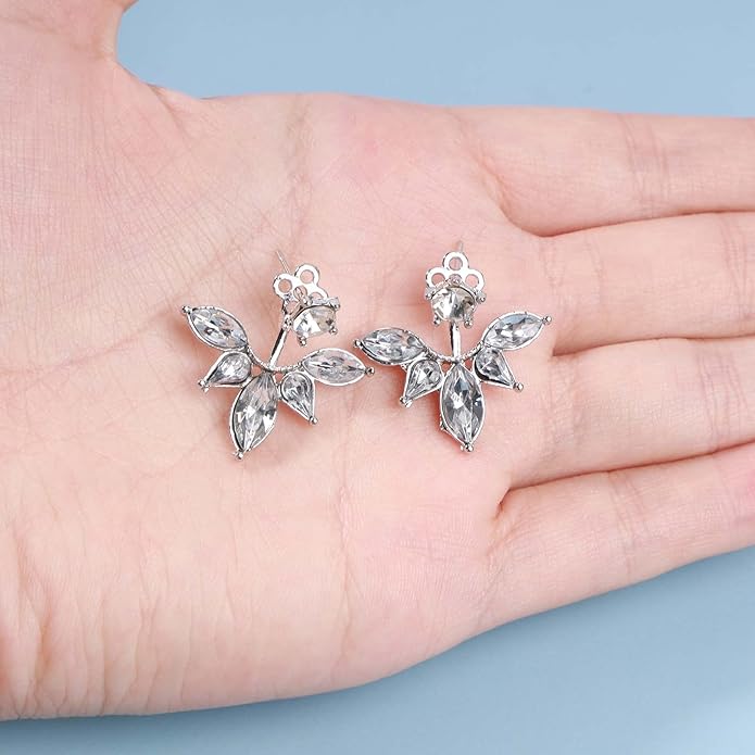 Boho Crystal Lotus Jackets Earrings Gold Crystal Studs Earrings Sparkle Rhinestone Ear Jackets Earrings CZ Ear Climber Earrings Wedding Earrings Jewelry for Women and Girls-VivaGrace Women