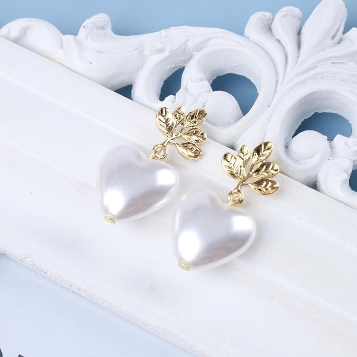 Vintage Pearl Heart Dangle Earrings Heart Pearl Drop Earrings Gold Leaf Stud Earrings Heart Love Earrings Jewelry for Women-VivaGrace Women