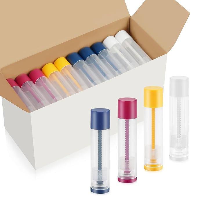 LotFancy Lip Balm Tubes, 60 Empty, 5.5ml, Clear Plastic Containers with 4 Color Caps, BPA Free, Leak Free, Refillable (Yellow White Blue Red)-VivaGrace Women