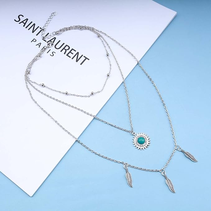 Boho Layered Feather Choker Necklace Turquoise Pendant Necklace Chain Vintage Crystal Paved Sun Necklace Silver Sunflower Necklace Jewelry for Women and Girls-VivaGrace Women