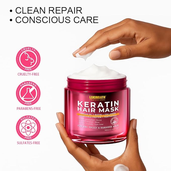 Keratin & Collagen Repair Hair Mask for Damaged Hair | Deep Conditioner Revives Dry, Frizzy, Bleached & Color-Treated Hair | With Argan Oil & Biotin | Treatment for Split Ends | 500ml-VivaGrace Women