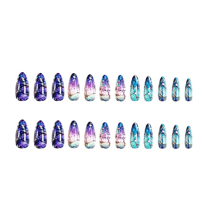 Almond Press on Nails Medium Length Fake Nails Sparkly False Nails with Stained Glass Windows Designs Ombre Artificial Nails Cute Stick on Nails for Women 24Pcs