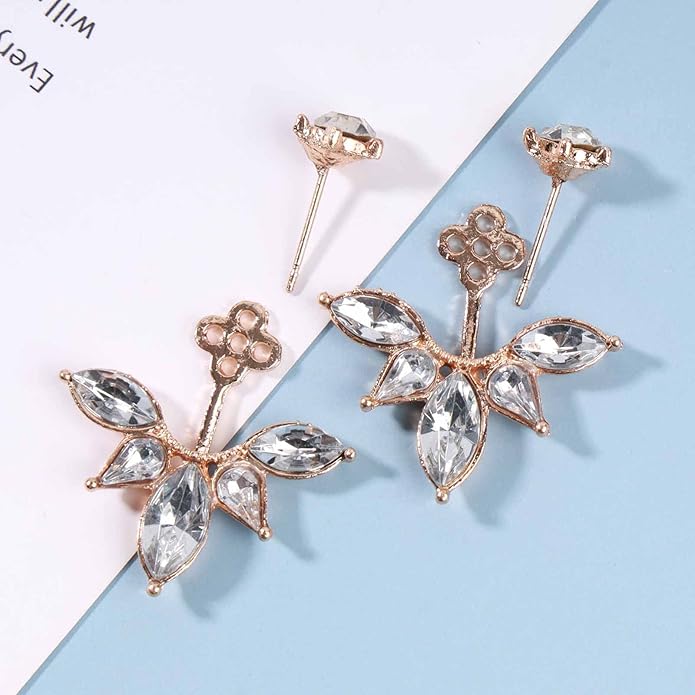Boho Crystal Lotus Jackets Earrings Gold Crystal Studs Earrings Sparkle Rhinestone Ear Jackets Earrings CZ Ear Climber Earrings Wedding Earrings Jewelry for Women and Girls-VivaGrace Women