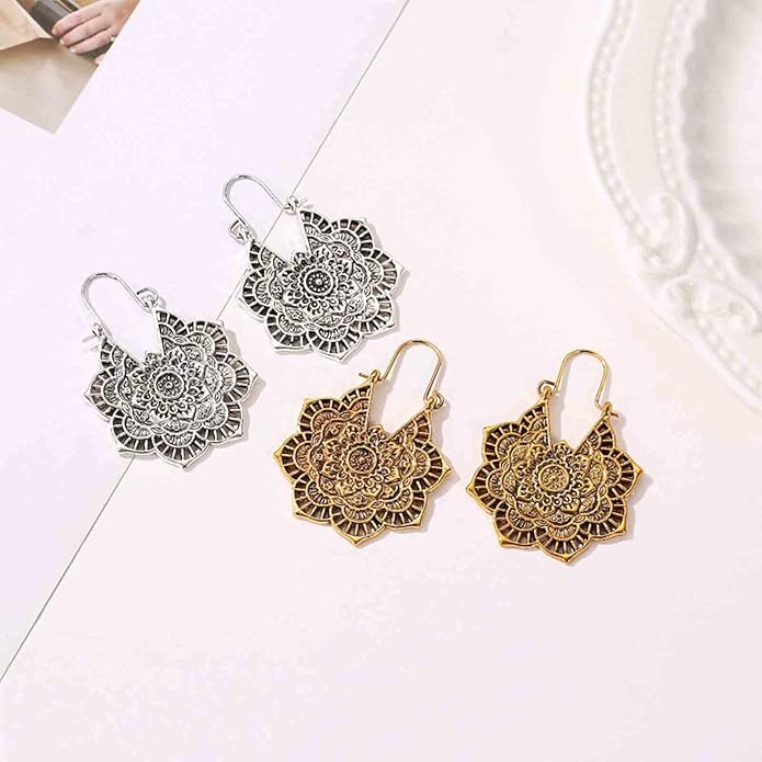 Boho Mandala Flower Earrings Gold Drop Dangle Earrings Tribal Earrings Vintage Ethnic Hoop Earrings Jewelry for Women and Girls-VivaGrace Women