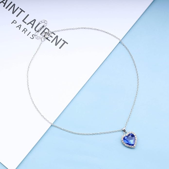 Vintage Crystal Sapphire Necklace Rhinestone Heart Sapphire Pendant Necklace Blue Sapphire Choker Necklace Silver Cz Heart Necklace Jewelry for Women-VivaGrace Women