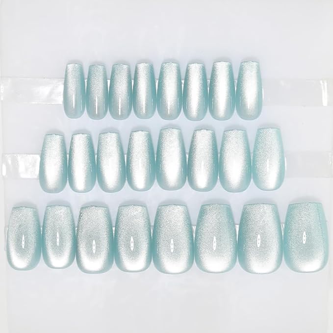 Light Blue Press On Nails Medium, Cat Eye Coffin Press On Nails with Crystal Glow Design, Fashion Gel Fake Nails, Reusable Coffin Fake Nails, Stick On Nails for Women, Crystal Frost