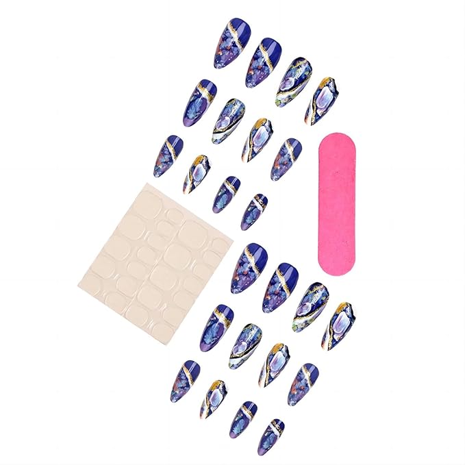 Blue Almond Press On Nails Medium Gold Glitter Acrylic Fake Nails With Designs Glossy Glazed Amber Pattern Artificial 24Pcs