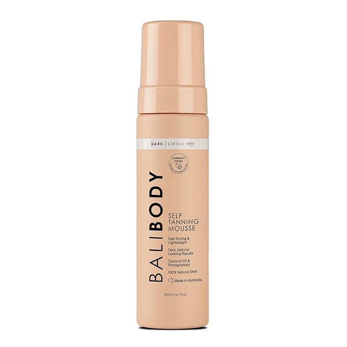 Bali Body Self Tanner Mousse Dark โ Sunless Tanning Foam for Body | Natural, Streak-Free, Fake Tan | Vegan, Cruelty-Free, Organic Self Tan Mousse for All Skin Types (200ml/6.7 fl oz)