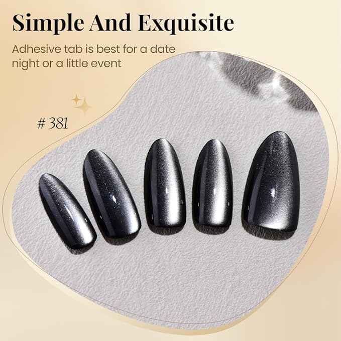 Press On Nails Almond, Shifting Black and Silver Cat Eye Press On Nails Short, Reusable Acrylic Fake Nails, Fashion Gel Fake Nails for Women, Glossy Glue On Nails Kit, Silver Seraph