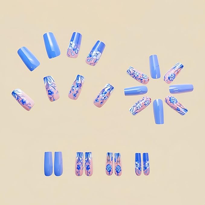 Blue Press on Nails Medium Square Fake Nails Floral False Nails for Women Glossy Acrylic Nails Spring Glue on Nails Blue Flower Stick on Nails Fake Nails Manicure Kit 24Pcs