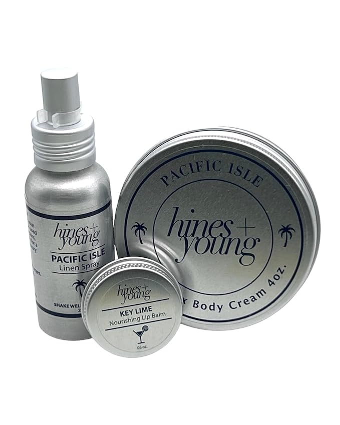 Hines+Young Travel Tins Gift Set - 4 oz Body Cream, 2 oz Linen Spray, Natural Lip Balm - Skin Care and Refreshing Home Fragrance, Ideal Self-Care Gift Set (Pack of 3, Pacific Isle)-VivaGrace Women