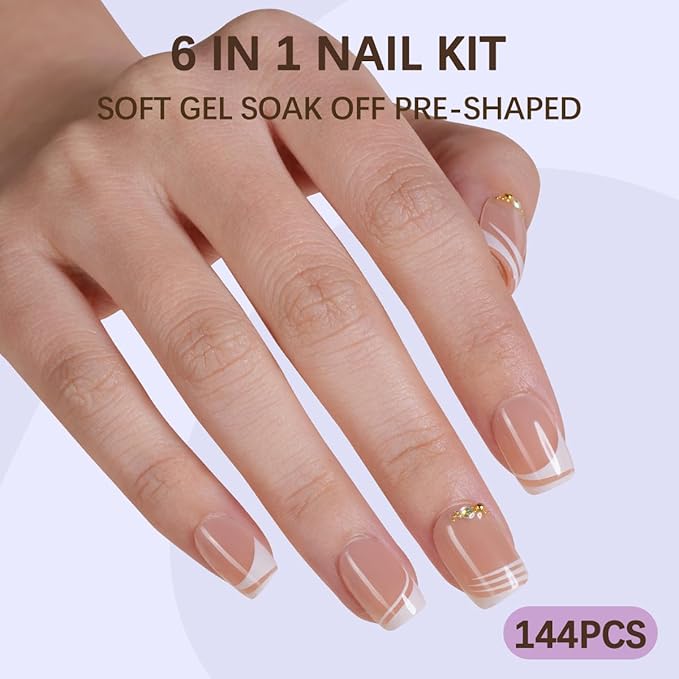 6 Packs (144 Pcs) Short Press on Nails Square, Plauva French Tip Matte Fake Nails, Flower Stick On Nails, Reusable Full Cover Press on Nails for Women and Girls